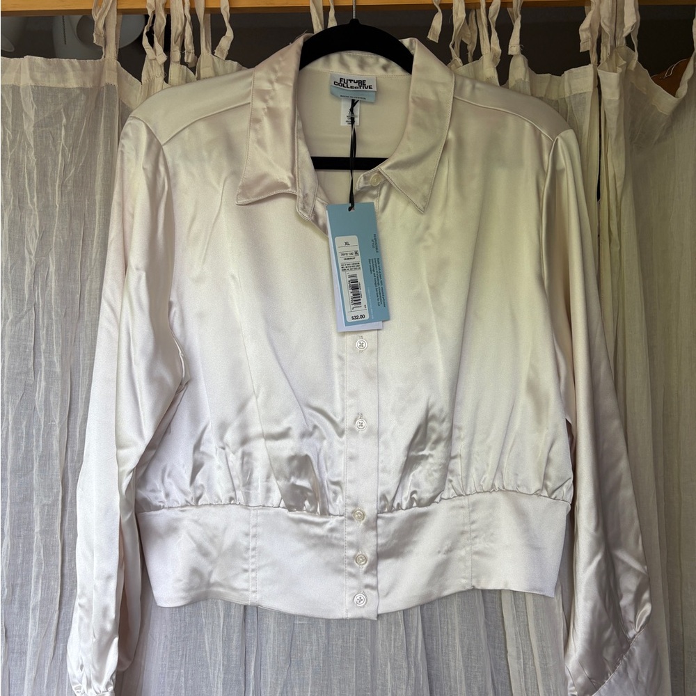 Cream Satin Button-Up Blouse